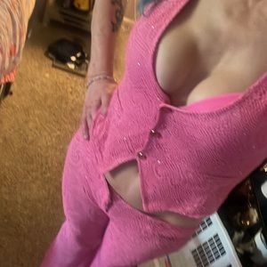 Barbie pink rhinestone crop top vest w/ sparkly flare lace bottom ❤️‍🔥❤️‍🔥🫶